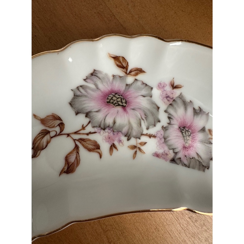 Andrea by Sadek Floral Crescent Bone Dish Pink Grey Gold Gilt Japan 7753 Vintage - Picture 4 of 8